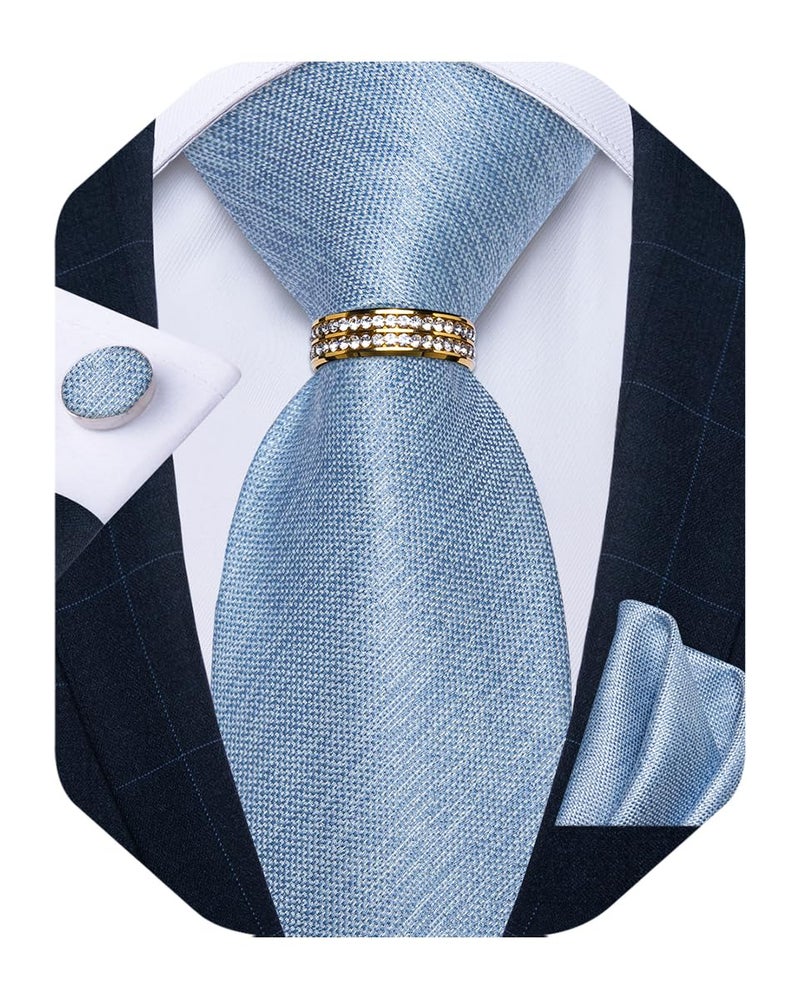 DiBanGu Mens Tie Set Silk Necktie and Gold Tie Ring Pocket Square Cufflinks Formal Business Wedding Ties with Gift Box, Light Blue - Image 1
